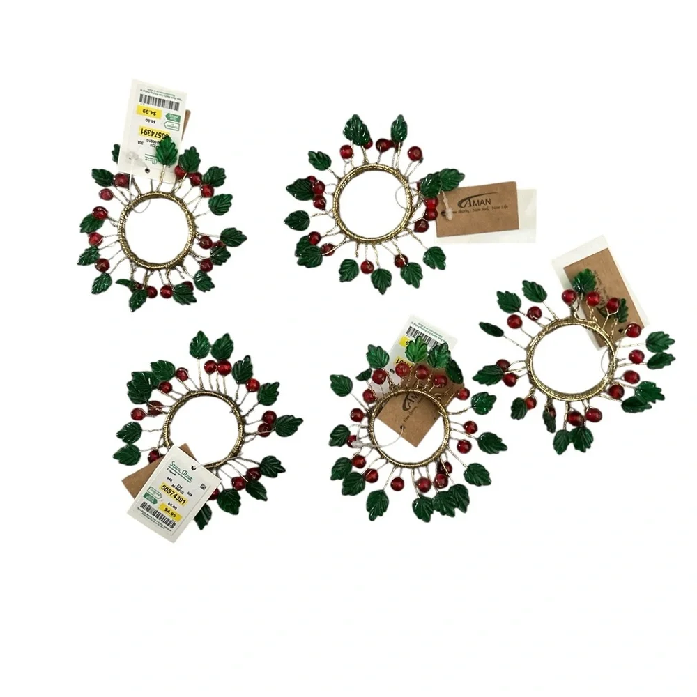 Aman Beaded wired and beaded Festive Green and Red Holiday Napkin Rings